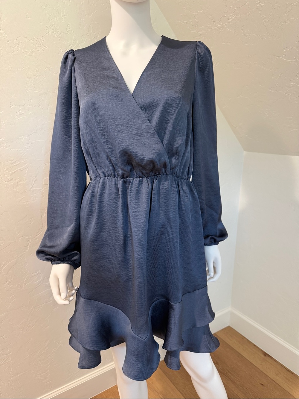 Express Navy Long-Sleeve Wrap-Style Ruffle Dress